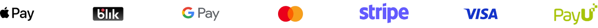Pagamenti accettati: Apple Pay, BLIK, Google Pay, Mastercard, Stripe, Visa, PayU