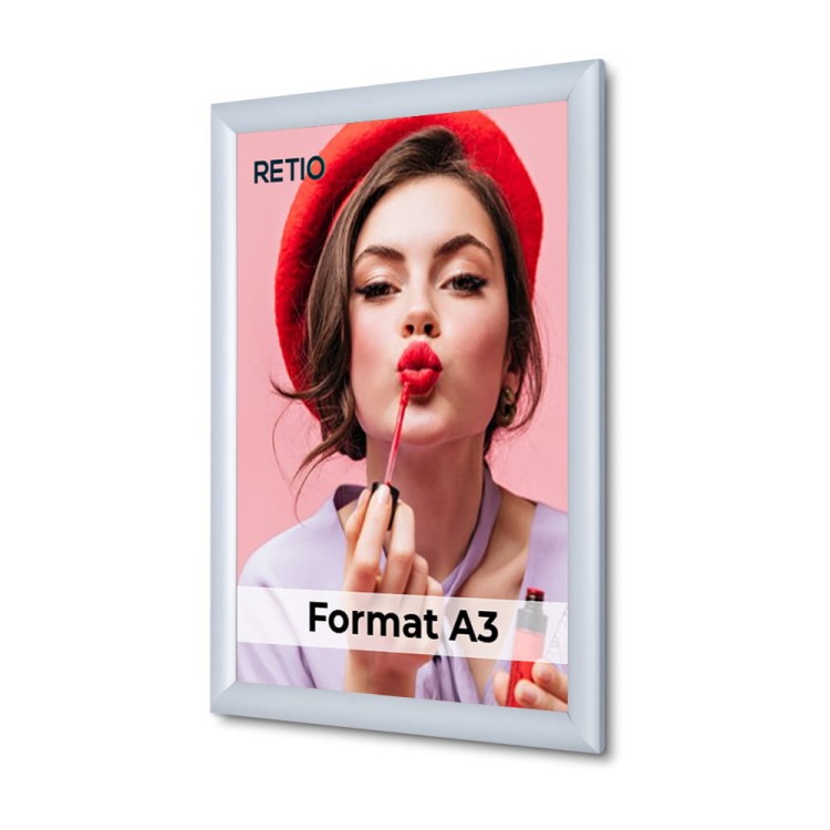 Ramka zatrzaskowa KRAST A3 (29,7 x 42,0 cm) aluminiowa srebrna z ostrym prostym narożnikiem i certyfikatem trudnopalności rama ramka plakatowa OWZ ścienna na plakat na zdjęcia profil 25 mm