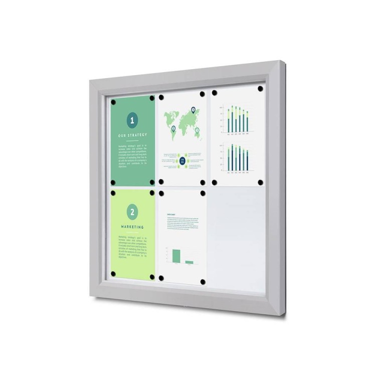 Gablota magnetyczna SLM 6xA4 z certyfikatem 65x60 cm trudnopalności B1 zamykana na kluczyk do użytku zewnętrznego gablota zewnętrzna gablota ogłoszeniowa gablota informacyjna tablica ogłoszeń tablica informacyjna ogniotrwała srebrny