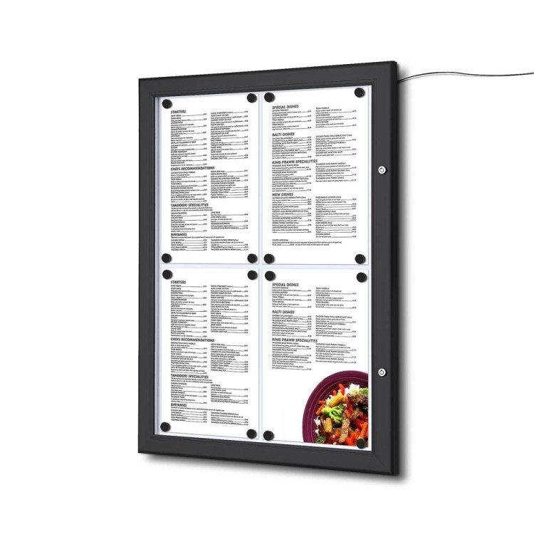 Gablota na menu 4xA4 43x31 cm - zamykana na kluczyk z oświetleniem LED do użytku wewnętrznego gablota wewnętrzna gablota ogłoszeniowa gablota informacyjna tablica ogłoszeń tablica informacyjna tablica na menu z oświetleniem led