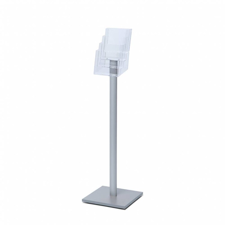 Stojak na ulotki 4xA5 z kieszeniami akrylowymi na broszury A5 srebrny prezenter ulotek stojak informacyjny na ulotki stojak na broszury A5 stojak prezentacyjny do branży detalicznej do hotelu