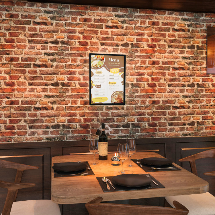 Ramka plakatowa A4 LED czarna podświetlana w restauracji na MENU, na ścianę w orientacji pionowej