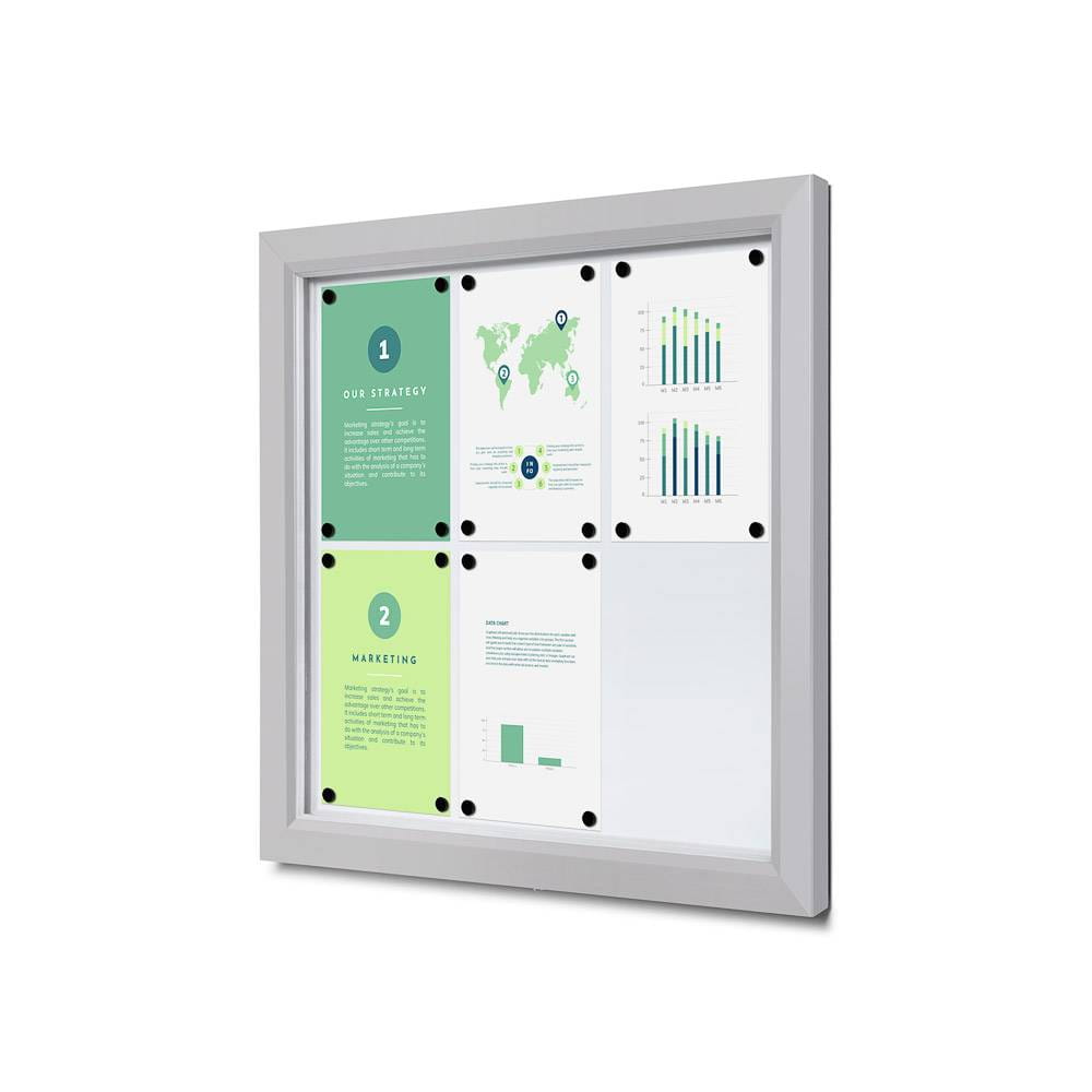 Gablota magnetyczna SLM 6xA4 z certyfikatem 65x60 cm trudnopalności B1 zamykana na kluczyk do użytku zewnętrznego gablota zewnętrzna gablota ogłoszeniowa gablota informacyjna tablica ogłoszeń tablica informacyjna ogniotrwała srebrny