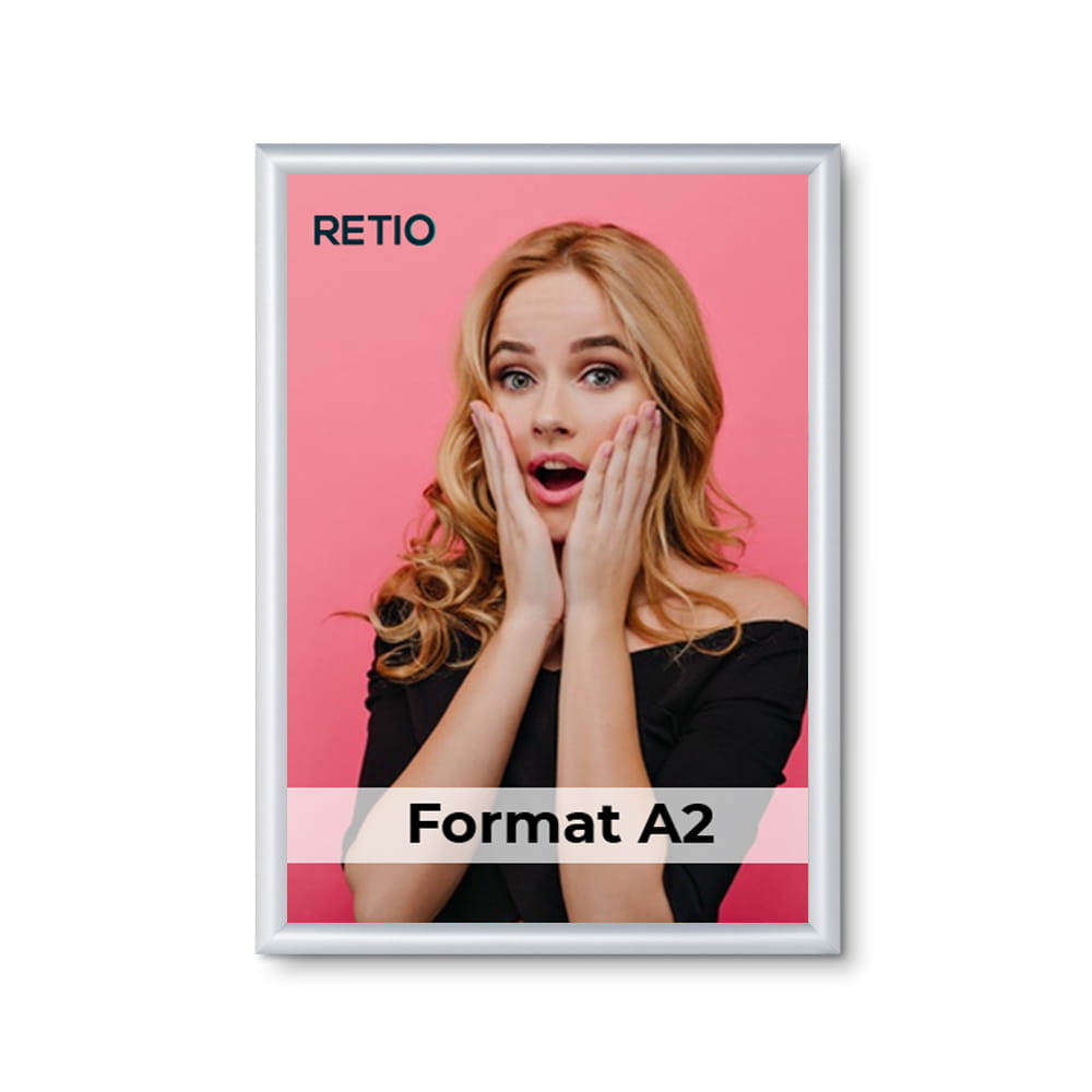 Ramka zatrzaskowa KRAST A2 (42,0 x 59,4 cm) aluminiowa srebrna z ostrym prostym narożnikiem i certyfikatem trudnopalności rama ramka plakatowa OWZ ścienna na plakat na zdjęcia profil 25 mm