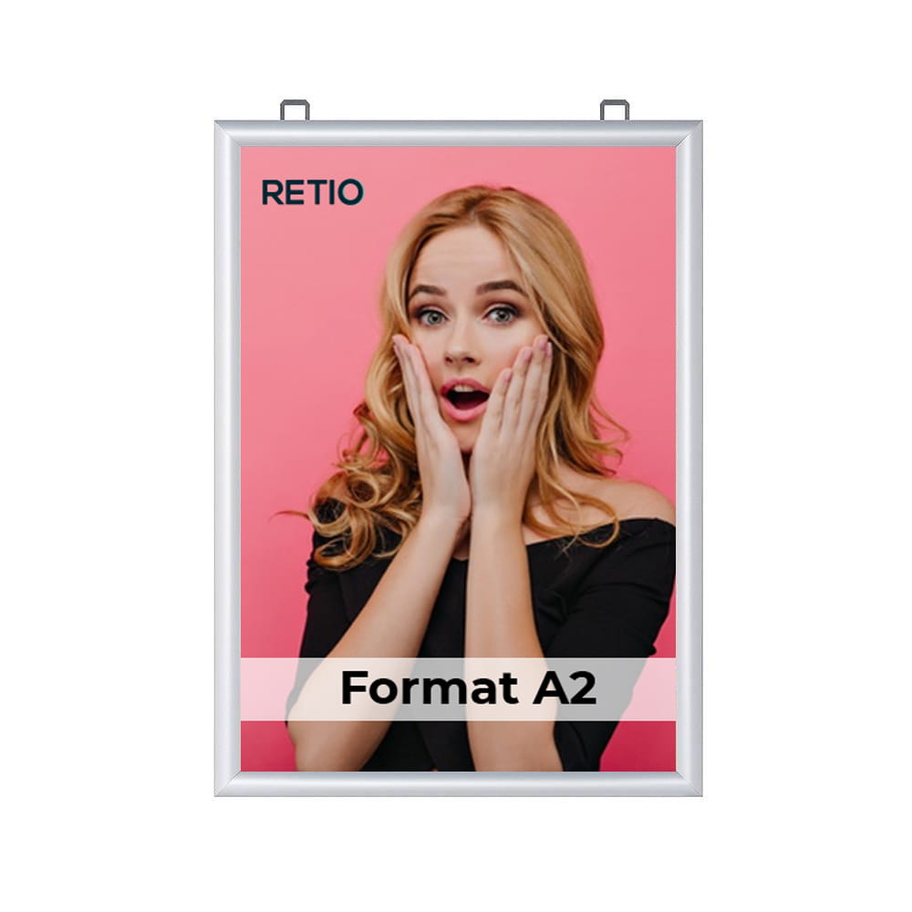 Ramka zatrzaskowa KRAST A2 (42,0 x 59,4 cm) aluminiowa srebrna dwustronna z ostrym prostym narożnikiem rama ramka plakatowa OWZ na plakat na zdjęcia profil 25 mm