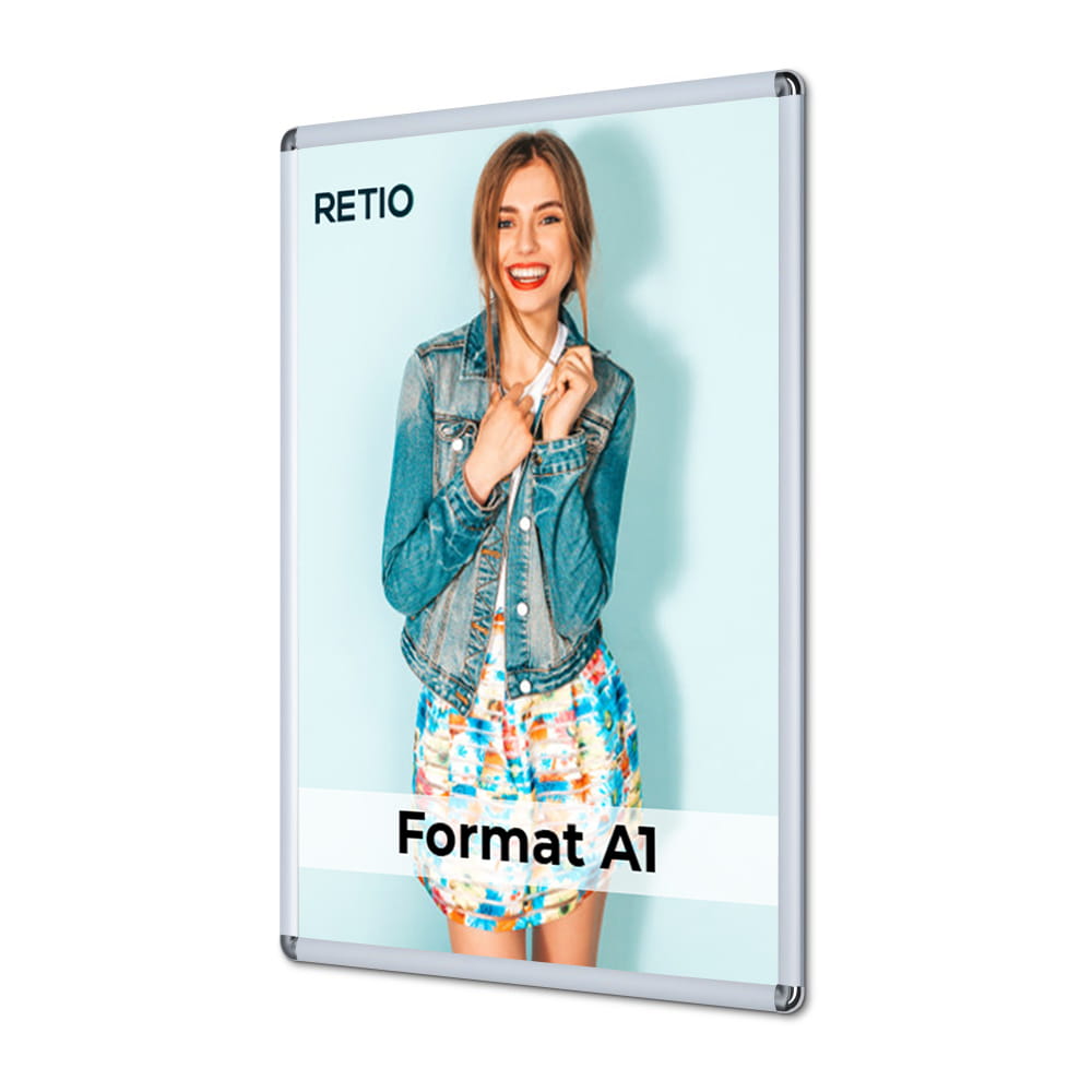 Ramka zatrzaskowa KRAST A1 (59,4 x 84,1 cm) aluminiowa srebrna z zaokrąglonym narożnikiem rama ramka plakatowa OWZ ścienna na plakat na zdjęcia profil 25 mm