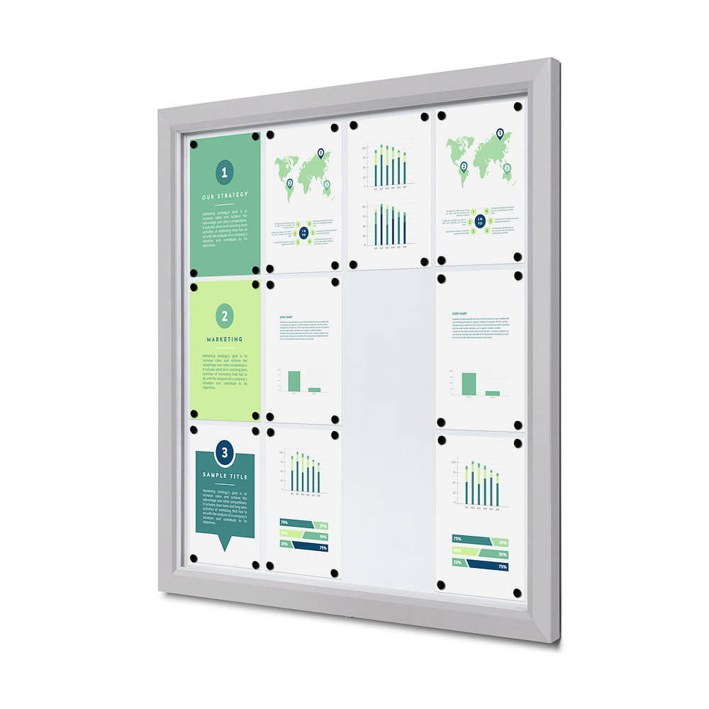Gablota magnetyczna SLM 12xA4 87x91 cm z certyfikatem trudnopalności B1 zamykana na kluczyk do użytku zewnętrznego gablota zewnętrzna gablota ogłoszeniowa gablota informacyjna tablica ogłoszeń tablica informacyjna ogniotrwała srebrna