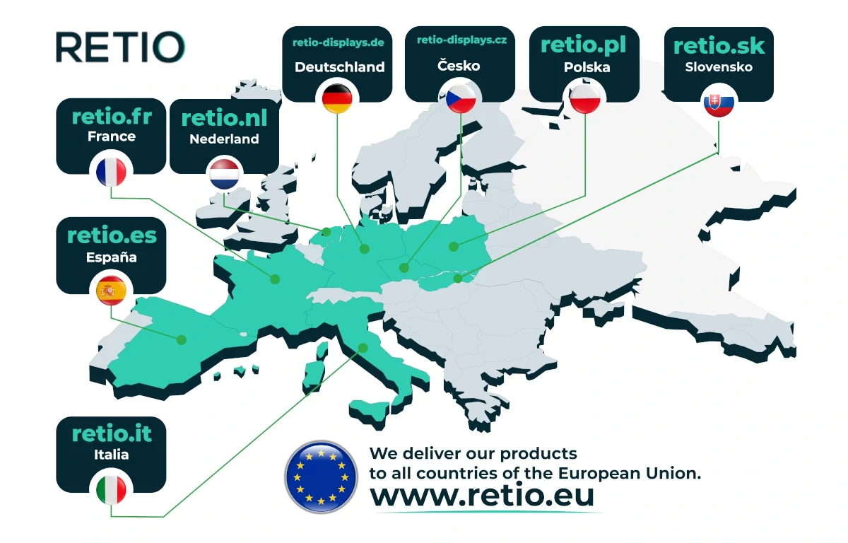 Mappa dei negozi RETIO: retio.pl, retio-displays.de, retio-displays.cz, retio.sk, retio.fr, retio.es, retio.it, retio.nl e retio.eu